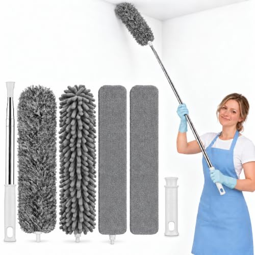 KELURSIEN Staubwedel Teleskop, 6-teilig, 254 cm, Grau | Waschbarer Staubwedel mit Teleskopstange, drei Reinigungsaufsätzen, Ersatzbezug und kurzem Handgriff