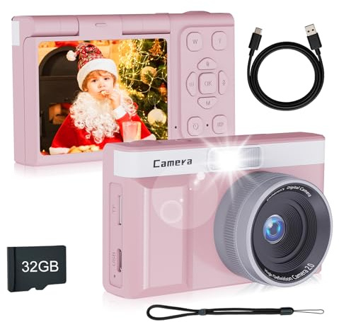 Kinderkamera Digitalkamera: 2 Zoll 180°Drehbildschirm, 30 MP Kamera, 32 GB Speicherkarte & 5X Digitalzoom – Perfekt für Kinder und Anfänger (kompakt)