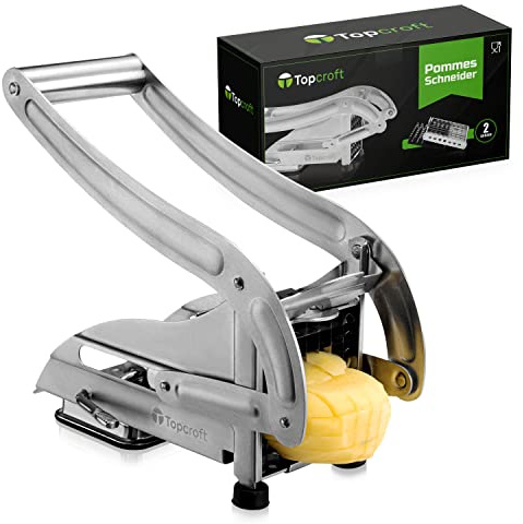 Topcroft Pommesschneider Edelstahl, 2 Schneidegrößen für individuelle Pommesdicke, Rutschfester Vakuumfuß, Gemüseschneider für einfachen & gesunden Pommesgenuss, Pommespresse, Frittenschneider