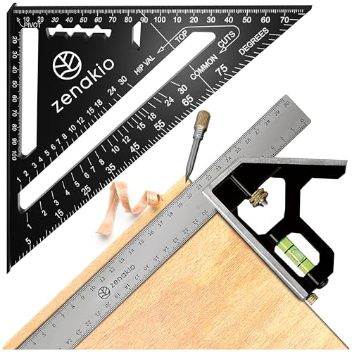 Zimmermannswinkel 12-IN-1 - Komplettes Set mit Anschlagwinkel (Set of 2) - Schreinerwinkel Metall 185mm + Schmiege Anreißwerkzeug 300mm - Winkel Holzbearbeitungswerkzeug - Mit Winkelmesser