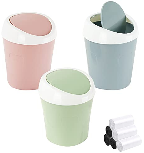 QLFJ-FurDec 3 Stücke Mini Mülleimer, Tischmülleimer mit Schwingdeckel | 6 Rollen Müllsäcke, Kompaktes Design Mini Kosmetikeimer 10*12*17cm, Tischabfalleimer für den Waschtisch (Blau, Rosa, Grün)