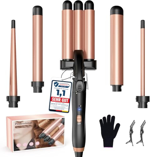 BESTOPE MIX Lockenstab, 5 in 1 Welleneisen mit Verschiedenen Aufsätzen, Einstellbare Temperatur, PTC Schnellaufheizung, Große Locken, Set mit Handschu & 2 Clips