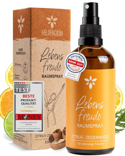 Heldengrün® Raumspray „Lebensfreude“ [MIT BIO-ÖLEN] Zitrus & Zedernholz | Für Bad, WC & Wohnräume · spritzig & holzig · mit Bio-Bergamotte & Bio-Limette · Dermatologisch getestet · Deutsches Startup