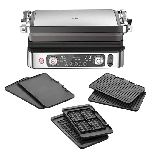 Braun MultiGrill 9 CG 9167, Kontaktgrill mit Grill-, Flach- und Waffelplatten und Temperaturfühler, Grillpositionen: Kontakt, Ofen, Spülmaschinenfeste Platten, Fettauffangschale, Boost-Funktion 265°