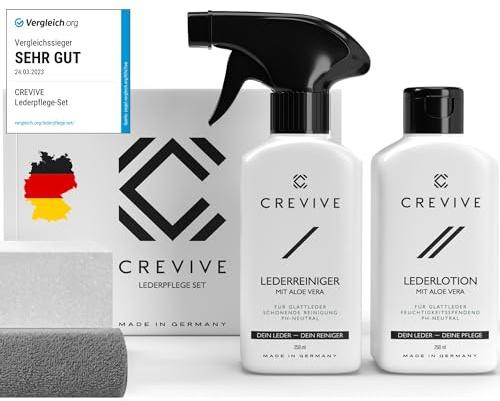 CREVIVE Lederpflege Set inkl. Lederreiniger & Lederlotion mit Aloe Vera + Schwamm + Tuch - Lederpflege Sofa - Lederpflege für Ledercouch - Lederpflege Auto - Ledersofa, Jacke, Schuhe, Tasche