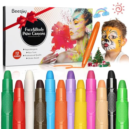 Beesjuy 12 Farben Schminkstifte Kit, Abwaschbare Kinderschminke Set, Gesichtsfarben, Sicher und Ungiftig, Einfach zu verwenden, Eltern-Kind-Interaktionen, für Geburtstagsfeie/ Fasching/ Halloween