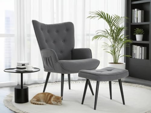 Clevich Ohrensessel mit Hocker - Lesesessel aus Chenillestoff Gemütlicher Loungesessel bis 168kg, Sessel für Wohnzimmer Wohnheim & Schlafzimmer - Grau