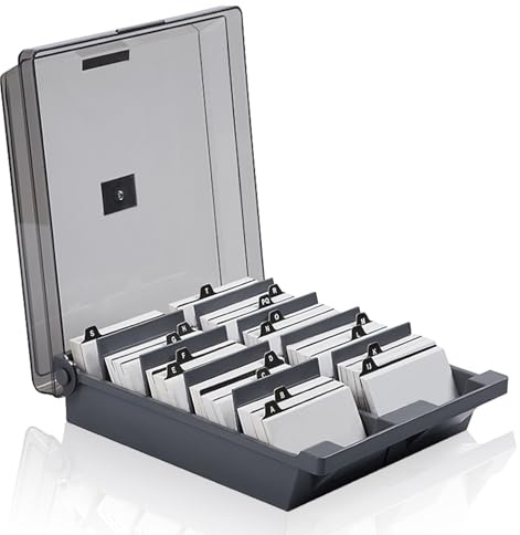 WOUMON Visitenkartenbox,1000 Karten Visitenkarten Aufbewahrungs Box, Desk Visitenkarten Box mit 8 Teilerplatinen und A-Z Index Registerkarten (Grau)