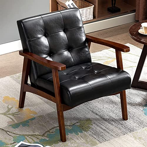 HomeMiYN Retro Holzsessel Schwarz, Loungesessel mit Armlehnen, Kunstleder Eiche Massivholzrahmen, Vintage Polstersessel für Wohnzimmer Schlafzimmer Café, Frühjahrsangebot Frühjahrsdekoration