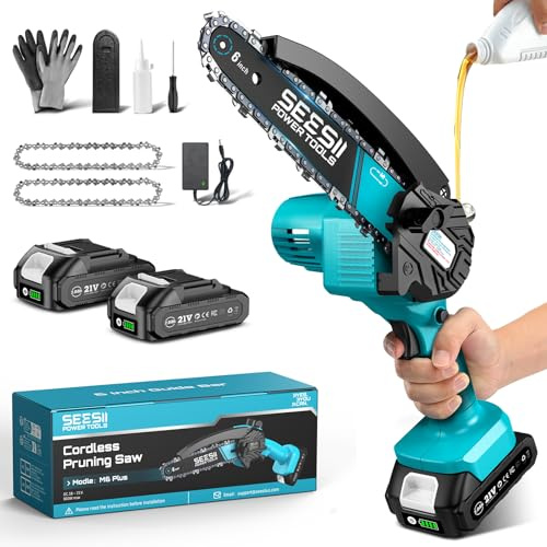 SEESII Mini Kettensäge mit Akku 6 Zoll, Kettensäge Elektrisch mit Auto-Oil | Akku kettensäge mit 2 Akku 2000mAh, Handkettensäge Akku für Gartenscheren Astschere Holzschneidenz. M6 Plus