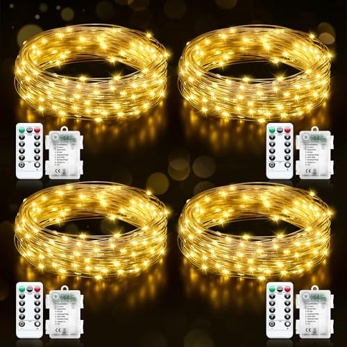 Lichterkette Batterie mit Timer, 4x5M 50 LED Lichterkette mit Fernbedienung | 8 Modi Lichterkette Innen Außen, Warmweiß Wasserdicht LED Lichterkette für Party Garten Hochzeit Weihnachten Halloween Deko
