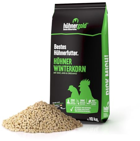 hühnergold® Hühner Winterkorn 10 kg – Hochwertiges Winterfutter für Hühner, Alleinfuttermittel mit Bierhefe, Zimt, Anis & Oregano, Vitaminreich, Ohne Gentechnik & Palmöl, Optimal für kalte Jahreszeit