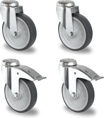 Abrollwerk 4er Set Apparaterollen 100 mm – 300 kg Traglast – 2 Lenkrollen mit Bremse & 2 ohne – Polypropylen spurlos – Rückenloch-Befestigung – Transportrollen für Möbel & Werkstatt