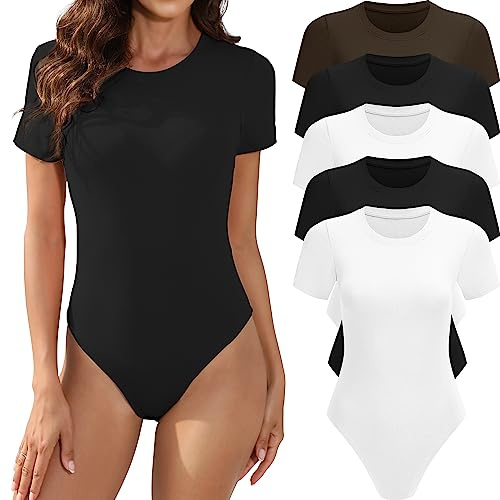 MLYENX 5er-Pack Body für Damen, kurzärmelig, Rundhalsausschnitt, lässig, dehnbar, Basic-T-Shirt, Body-Tops