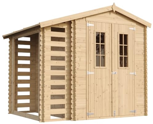 TIMBELA Gartenhaus Holz Mit Brennholzschuppen M386C - Geräteschuppen Holz B272xL206xH218 cm/ 3,53 + 0,97 m2 Lagerschuppen - Fahrradgarage Holz Wasserfestes Dach