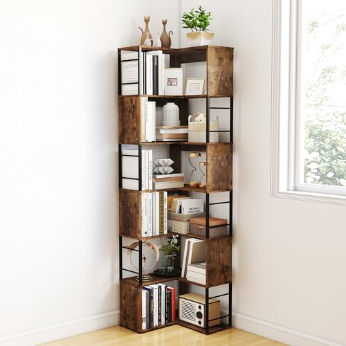 Suuiwau 7-Ebenen Eckregal L-Form Industrial Holz Standregal Vintagebraun | 187cm Hohes Lagerregal, Bodenstehendes Großes Eckdesign, L-Form Bücherregal für Raumnutzung, Wohnzimmer, Büro, Keller