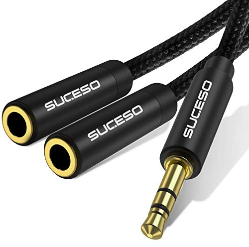 SUCESO Audio Klinke Y Splitter Adapter 3.5mm Stecker auf Buchse Headset | Stereo Aux Splitter Kabel Kopfhörer Doppelstecker für Tablet Laptop Samsung Smartphone Lautsprecher PC usw - 35cm(Schwarz)