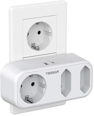 TESSAN Mehrfachstecker mit USB, Doppelstecker für Steckdose, Doppelsteckdose für Steckdose, Steckdosenadapter 3 Fach mit 2 USB, 3600W Mehrfachstecker Ladegerät Kompatibel mit Phone, Weiß