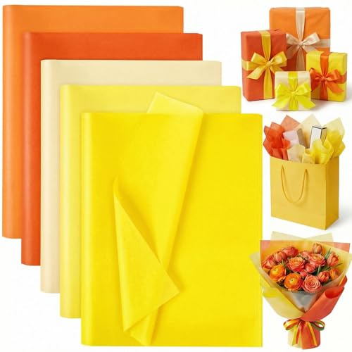 VGOODALL Seidenpapier, 75 Blatt 50x35 cm Tissue Papier, 5 Gelbtöne Bastelpapier Geschenkpapier, ideal für Blumenbasteln Geschenkverpackung Kunstprojekte, Herbstdeko Halloween Fall Decor