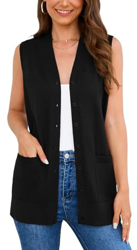 Veryoung Damen 2025 ärmellose Strickjacke mit Knopfleiste, modisch, lässig, weich, gestrickt, Bürowesten mit gemütlichen Taschen