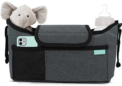 Onco Kinderwagen Organizer Grau - Kinderwagentasche Organizer mit Getränkehalter, Universaler Kinderwagen Taschen Organizer für Babysachen, Hochwertiger Organizer für Kinderwagen, Grau