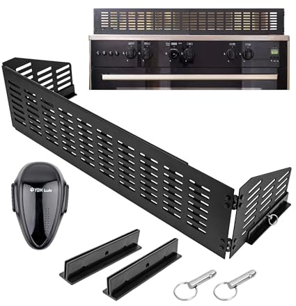 Herdschutzgitter Kindersicherung, 45 bis 70 cm ausziehbar, Schwarz, Set mit Backofentür Babysicherung, Herdschutz Gitter mit Scharnier-Seitenflügeln, zusammenfaltbar und verstaubar, Kochfeld Abdeckung