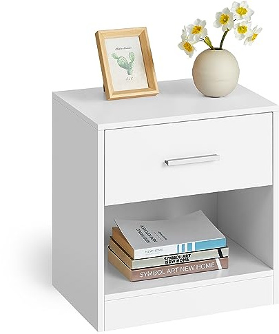 VASAGLE Nachttisch, Beistelltisch, mit Schublade, Griff, offenes Fach, Couchtisch, für Schlafzimmer, Wohnzimmer, klassikweiß LET619T14