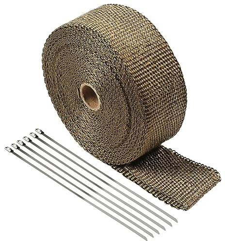 TIHOOK 5M x 5CM Hitzeschutzband Basaltfaser, Titan Auspuffband mit 6 Edelstahl Kabelbinder, Thermoband Krümmerband für Fächerkrümmer Auto Motorrad