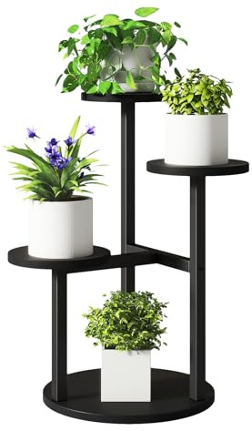 IBUYKE 4 Etagen Kleiner Pflanzenständer Blumenständer, Schwarz TMJ073B | 52.5cm Hoch Blumenregal Pflanzenregal mit Holz Ablagen, Mehrstöckig Ecke Pflanzentreppe für Innen Balkon Garten Wohnzimmer