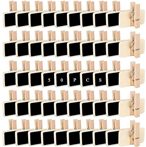 50 Stücke Deko Klammern Holz Tafel, Kreidetafel Holz, Beschriften Hölzerner Fotoordner, Mini Klein Tafel Memotafel, für Preisschilder, Foto-Memotafeln, Lebensmitteletiketten, Partyetiketten