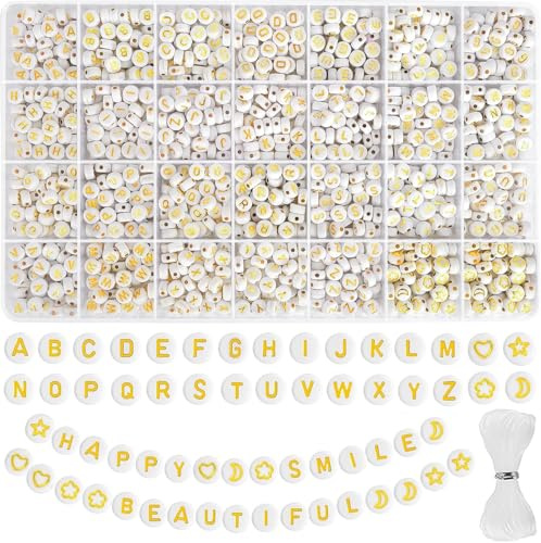 EUES 2000 Stück Goldene Alphabet Perlen,7mm A-Z Buchstabenperlen zum Armbänder,Rund Buchstaben Perlen für Auffädeln,Buchstaben Perlen Set für Schmuckherstellung DIY Armbänder Halsketten Handwerk