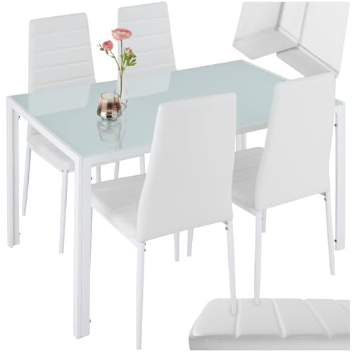 tectake Essgruppe Set Tisch und Stühle, Esstisch und 4X Stuhl, strapazierfähiges Kunstleder, Tischplatte aus Sicherheitsglas, Küchenstühle modern, Küche - weiß