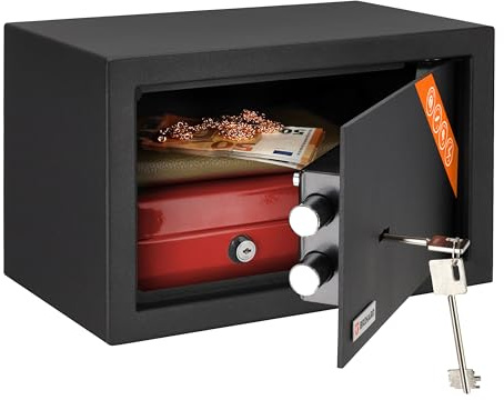 Brihard Home Kleiner Tresor für Zuhause mit Schlüssel 20x31x20cm, 11L Mini Safe für Zuhause oder Büro aus Robustem Stahl - Abschließbare Box für Wertsachen, Geld & Mehr