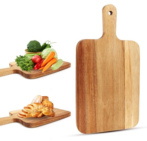Schneidebrett Holz mit Griff, Holzbrett Küche, Holzschneidebrett, Chopping Board Wood, Servierbrett Frühstücksbrettchen Holz, Schneidebretter Akazienholz für Brotform, Käse, Steak, Pizzablech