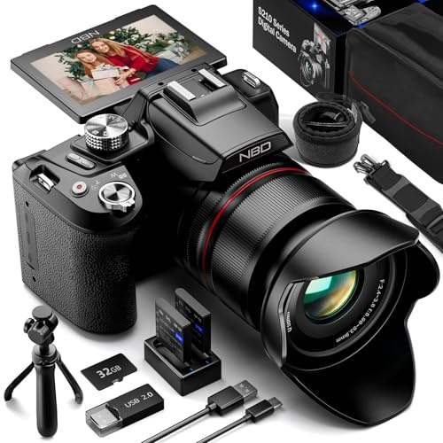 NBD 8K Digitalkamera 64MP mit 16X Optischem Zoom & Autofokus, 3 180° Drehdisplay, WiFi – inkl. 64GB Karte + Wartungskit(Schwarz)