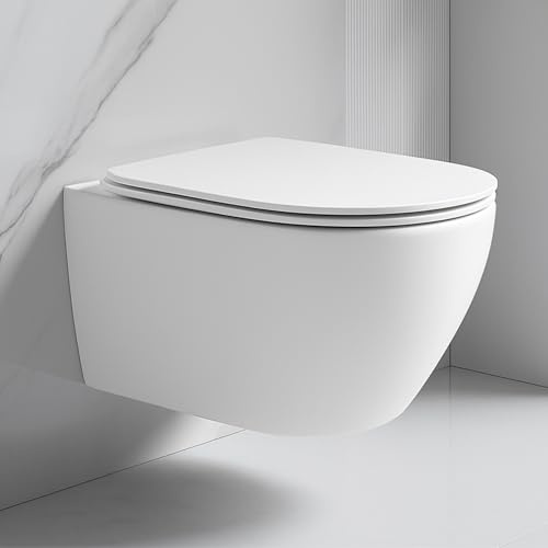 ADOB, spülrandlose WC Keramik Nanoversiegelung Hänge WC Toilette wandhängend 6 Liter wassersparend mit passendem WC Sitz mit Absenkautomatik, inkl. Schallschutzmatte (Verkürzt, spülrandlos)