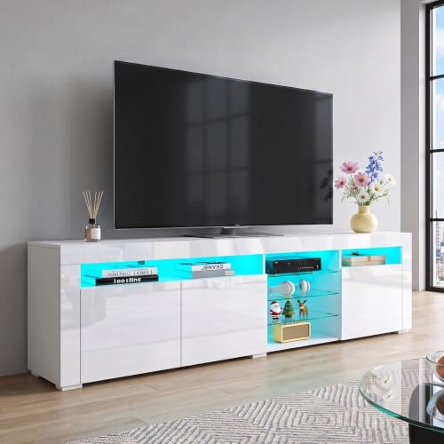 Senvoziii 180cm LED TV Schrank Modernes Hochglanz TV Board, Weiß | mit 3 Türen & Glasböden, TV Sideboard, Fernsehschrank für Wohnzimmer Schlafzimmer Möbel, 180 x 35 x 53 cm