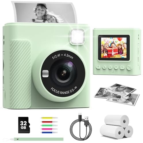 TIATUA Kinderkamera Sofortbildkamera, 2,4 Zoll Sofortbildkamera Kinder mit 32G Karte und Fotopapier Drucken, 1080P HD Digitalkamera Kinder, Geschenke für Jungen und Mädchen 3-12 Jahre (grün)