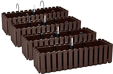PAFEN 4X Blumenkasten Blumentopf mit Halterungen – 58 x 18 x 16,2 cm - Pflanztopf Bewässerungssystem Balkonkasten Pflanzkästen, Braun