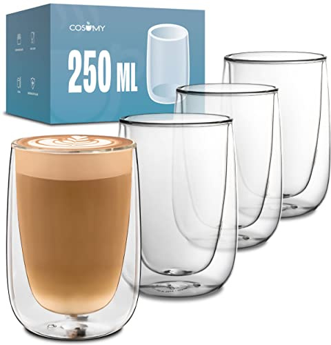 Cosumy 4 Doppelwandige Cappuccino Thermogläser 250ml - Halt die Temperatur länger - Schutz deine Hände - Mit Geschenkbox