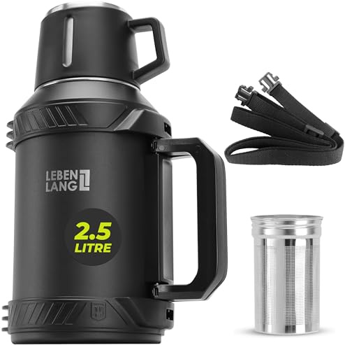 LEBENLANG Thermosflasche 2,5 Liter - 24h Heiß & Inkl. Becher & Teesieb | Trinkflasche Thermobecher 2 5 Liter Thermoskanne I Tragegurt I Getränkeflasche Edelstahl Termoflaschen Isolierflasche Thermo
