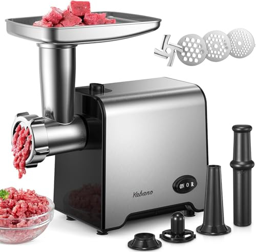 Yabano 3 in 1 Elektrischer Fleischwolf, Edelstahl Hackfleischmaschine mit Wurstfüller, 3 Schleifplatten, Kubbe-Aufsatz & Wurstfüllrohren für Zuhause & Küche (Silber)