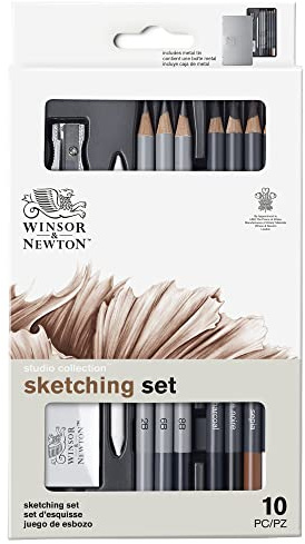 Winsor & Newton 490010 Skizzierstifte Set - 10 teilig - 3 Bleistifte - 2B, 6B, 8B, 4 Zeichenstifte, charcoal, Pierre noire, Sepia , white charocoal, Papierwischer, Radiergummi, Spitzer