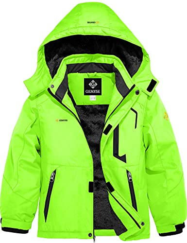 GEMYSE Jungen Skijacke Wasserdichte Winterjacke Warm Gefütterte Kinder Winddichte Schneejacke mit Kapuze für Aktivitäten im Freien(Leuchtend Grün 01,152-158)