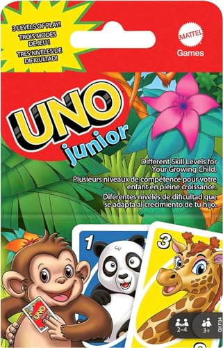 Mattel Games Uno Junior, Uno Kartenspiel, vereinfachte Version mit Zootieren und 3 Schwierigkeitsstufen, Kinderspiel, Geschenk für Kinder, ab 3 Jahre, GKF04