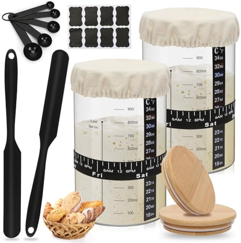 ZgoEC Sauerteig Starter Set 1L x 2, Gärglas Sauerteig mit Spatel und Deckel | Sourdough Starter Kit Sauerteig Glas mit Stoffhut, Sauerteig Starter Glas Gärbehälter, Brot Backen Zubehör für Küche