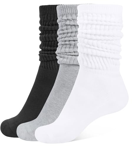CLOSEMATE 3 Paar Kniestrümpfe Damen Lange Slouch Socken Baumwolle Stulpen Beinwärmer Beinstulpen Slouchy Socks 35-38 39-42 Einheitsgröße 1Schwarz 1Weiß 1Grau