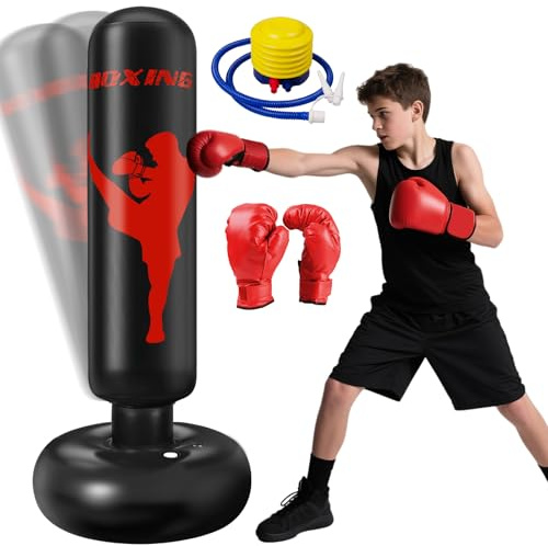 Ninonly Boxsack Kinder 160cm mit Boxhandschuhen und Luftpumpe Standboxsack Perfekt für Indoor, Outdoor, Gym boxsack stehend Kinder für Jungen & Mädchen im Alter von 3-12 Jahren Schwarz Boxing