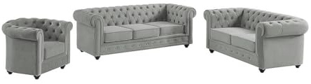 Vente-unique - Sofa 3-Sitzer + Sofa 2-Sitzer + Sessel Chesterfield - Samt - hellgrau