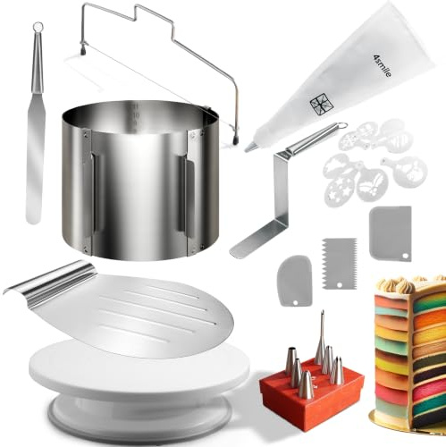4smile Torten-Zubehör-Set 24 Teile - Tortenring verstellbar hoch 12 cm, Tortenschneider, Tortenheber, Tortenplatte drehbar, Streichpalette, Winkelpalette, Spritzbeutel mit Tüllen, Tortenschablone
